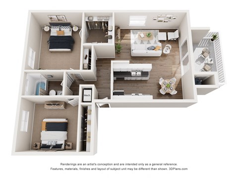 Floor plan for 2 beds, 1 bath, 885 sqft